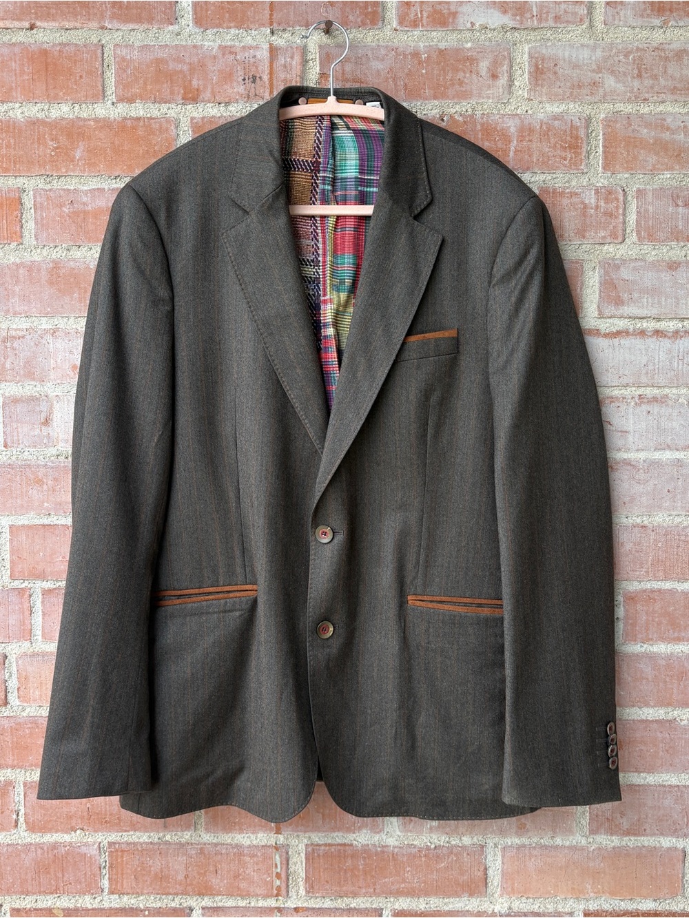 Robert Graham Mens Brown Pinstripe 100% Wool Blazer Jacket Plaid Lining Size 42